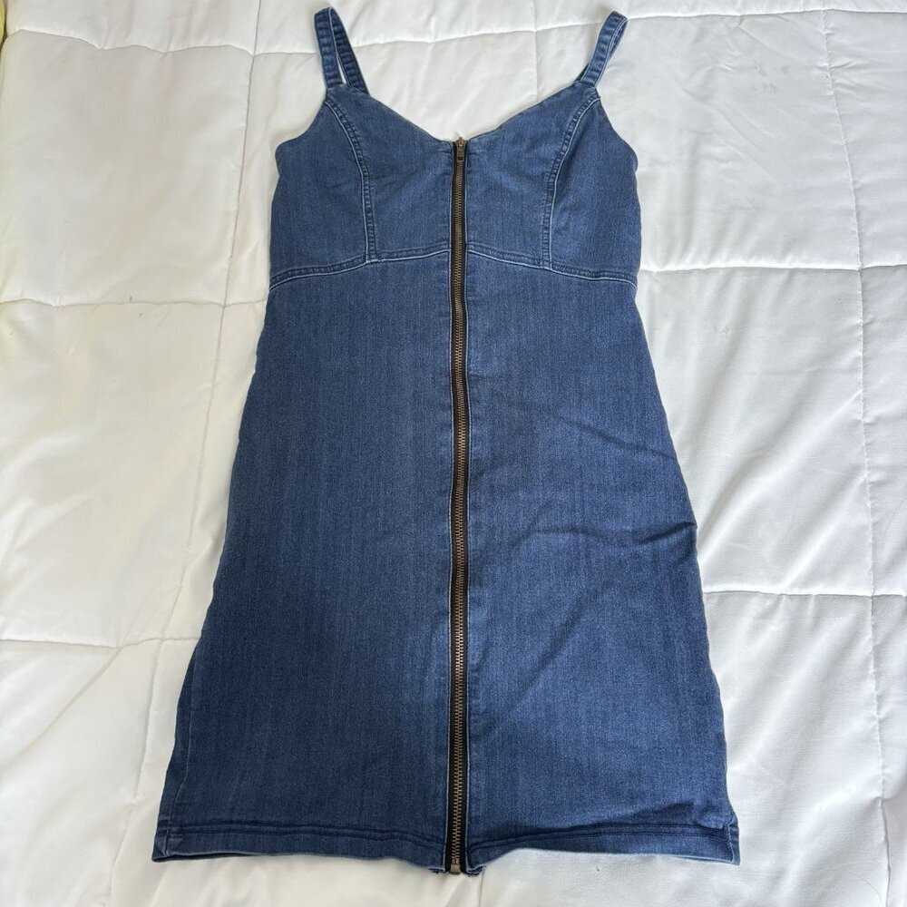 Zipper‎ Jean Blue Mini Dress Juniors Size Large Spaghetti Straps Stretchy Back